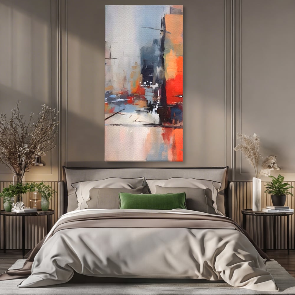 Tablou canvas cu pictura abstracta cu oras si cladiri, fara rama, pe sasiu de lemn, pe perete intr-un dormitor